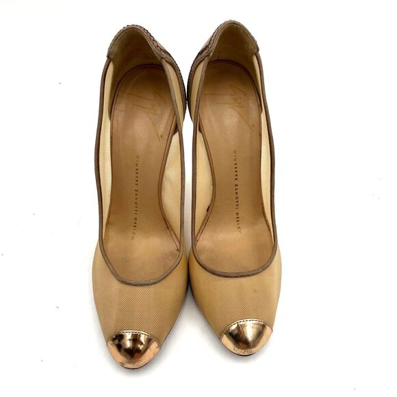 Giuseppe Zanotti Nude Suede Mesh Gold Cap Toe Stiletto Heels Pumps w Dust Bag 35 - Picture 2 of 9